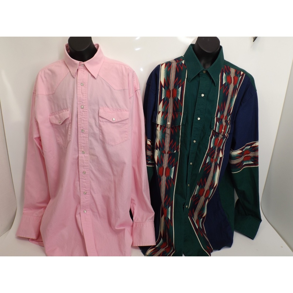 2 - Wrangler Western Shirts Pink Buckin Cancer & Native Pattern-Men's Large-Tall